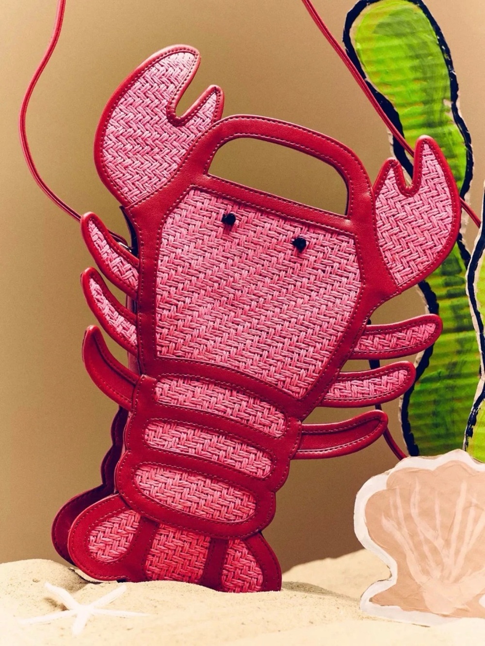 Anthropologie Maeve Pink Lobster Sea Creature Raffia Crossbody Bag NWT